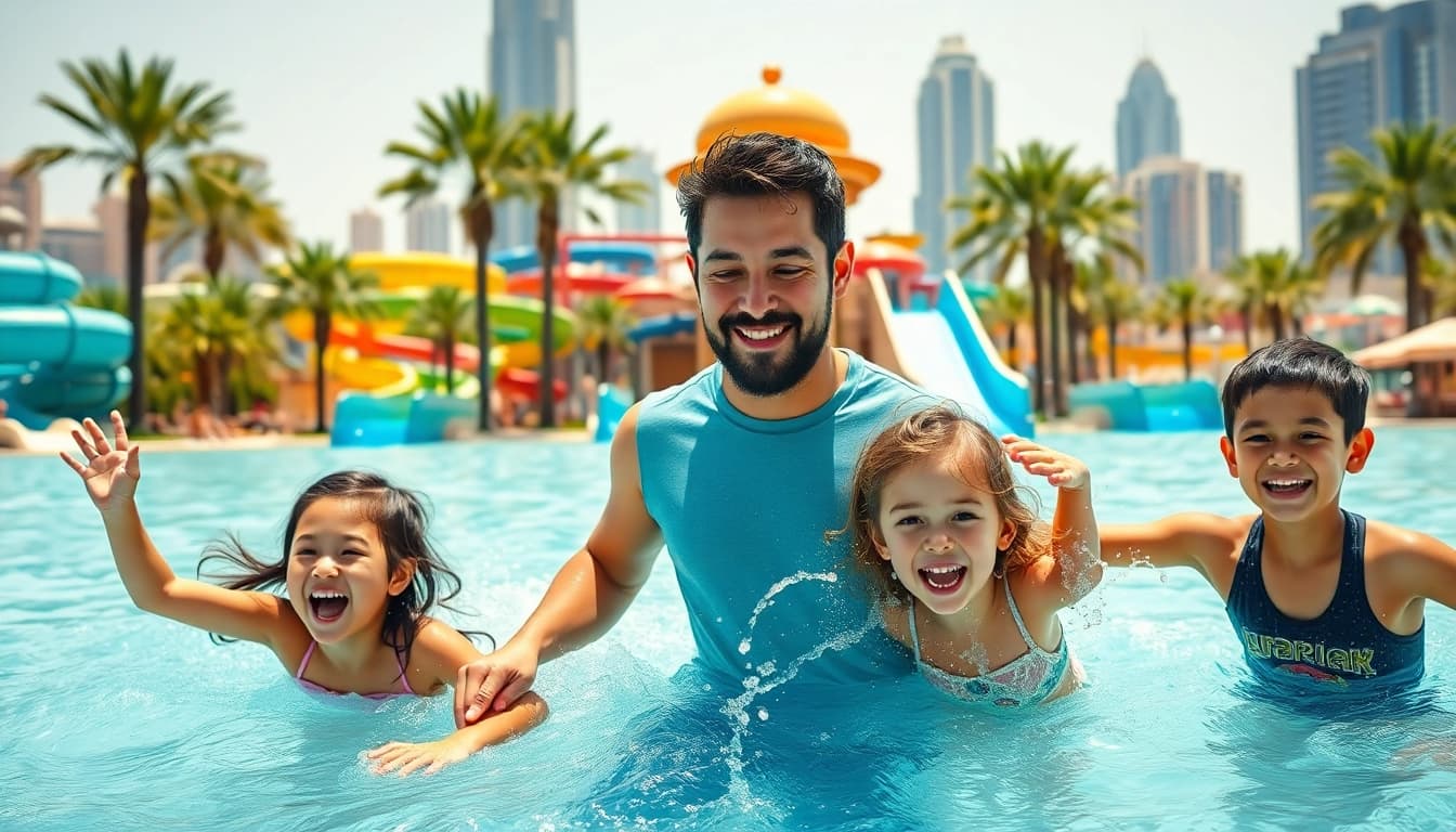 Aktivitäten in Dubai mit Kindern, Spaß im Wasserpark und die städtische Kulisse.