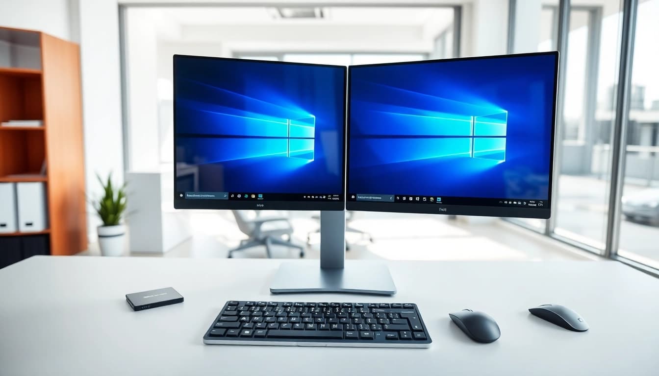 Windows 11 Enterprise LTSC 2024 Key on a dual-monitor setup in a modern office.