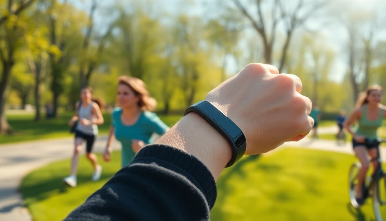 Fitness-Armband auf einem Handgelenk mit Fitnessdaten in einem sonnigen Park.
