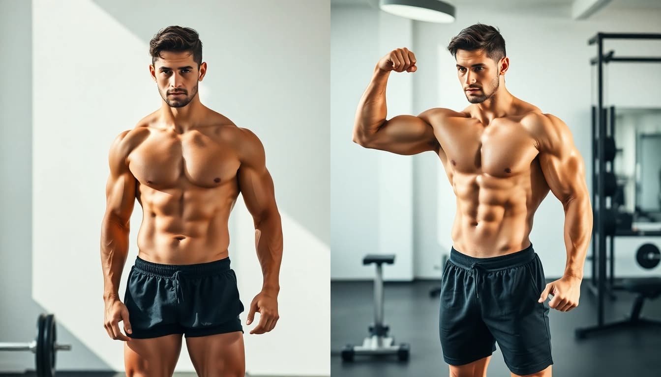 Verstärkende testo vorher nachher Transformation durch Fitness und Training mit Definition und Muskeln.