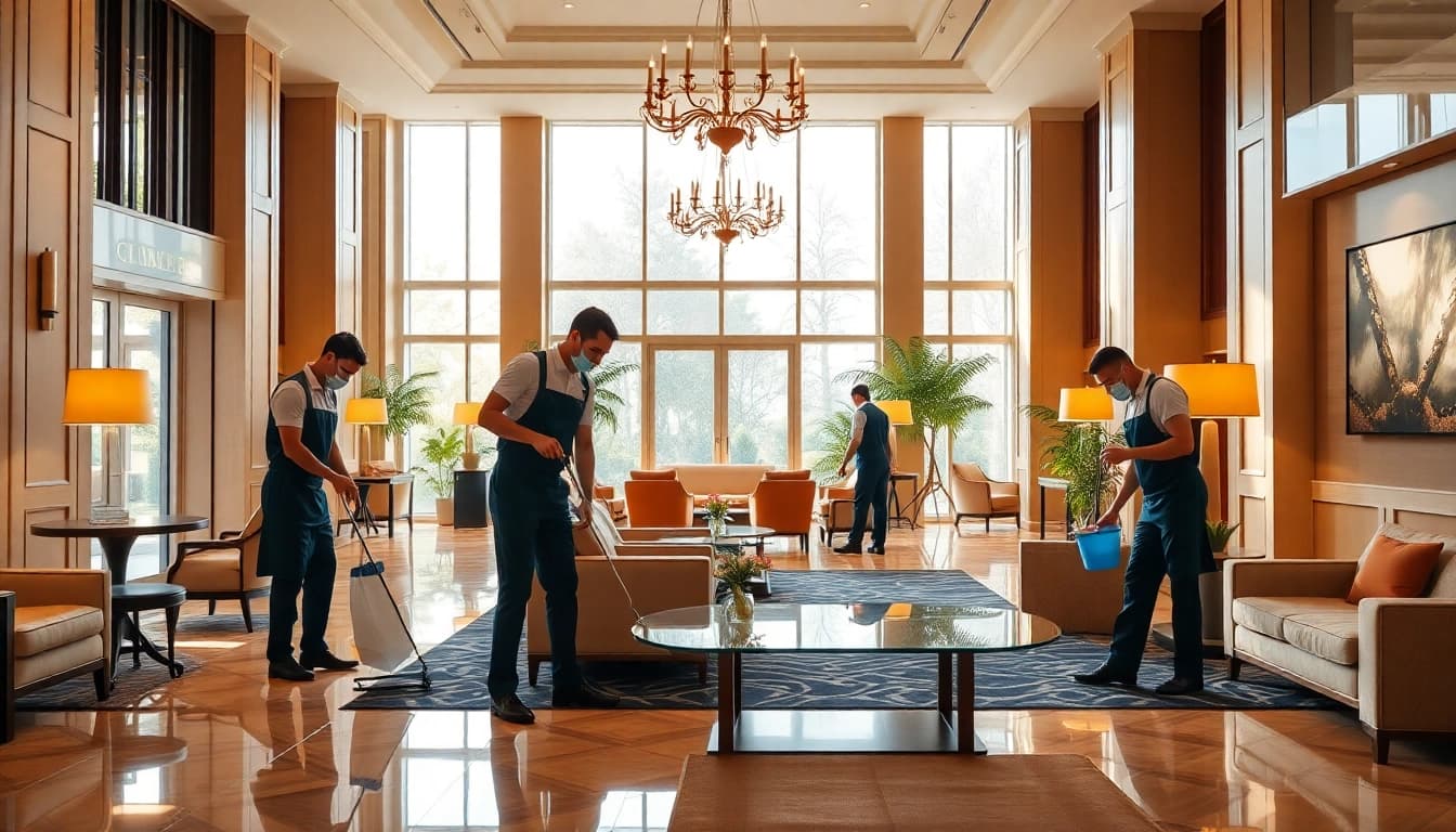 Effiziente hotelreinigung in einem luxuriösen Hotellobby zeigt engagierte Reinigungskräfte.