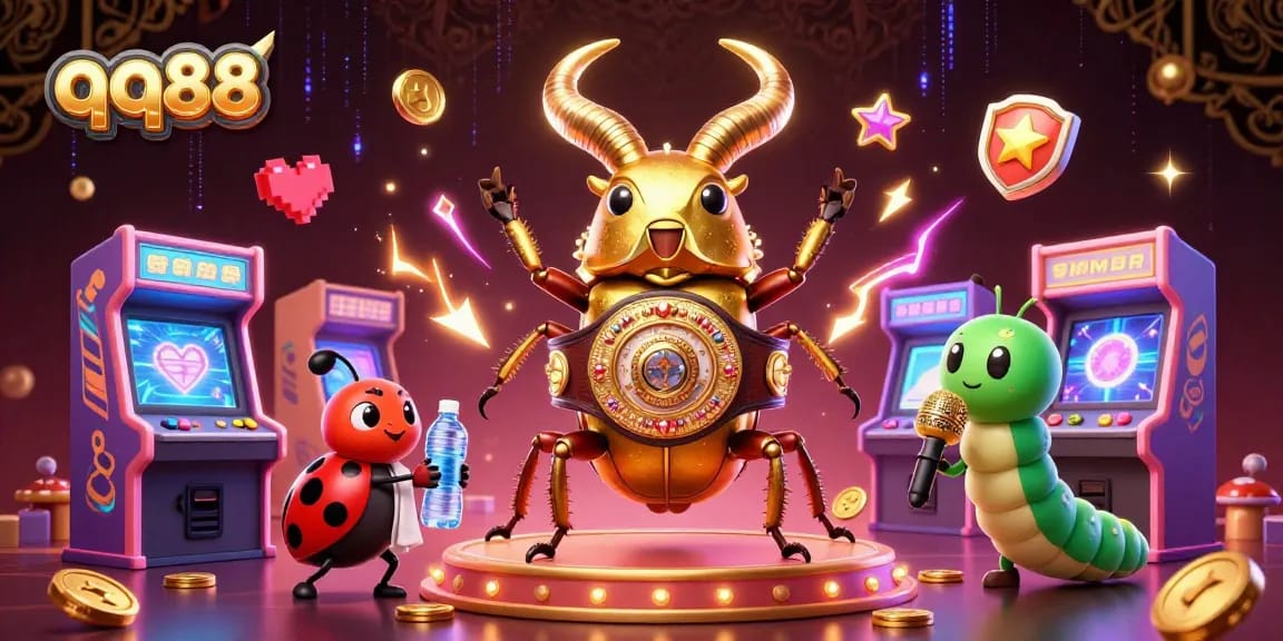 Experience thrilling gameplay with qq88, featuring a golden stag beetle in a boxing belt surrounded by colorful game elements.