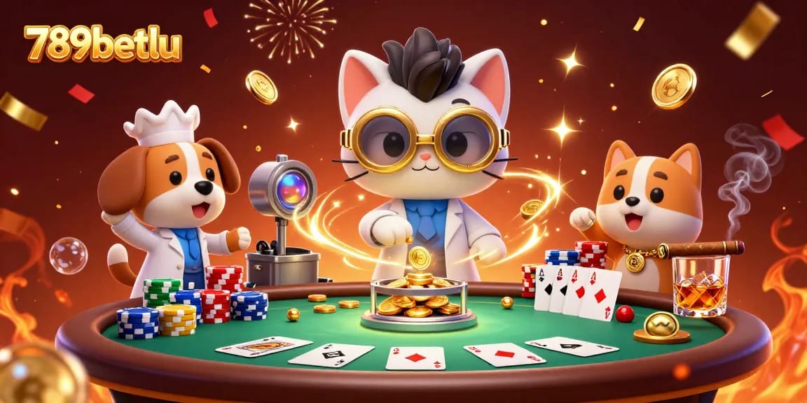 Experience exciting casino gaming action with 789betlu's vibrant poker scene featuring mad scientist characters.