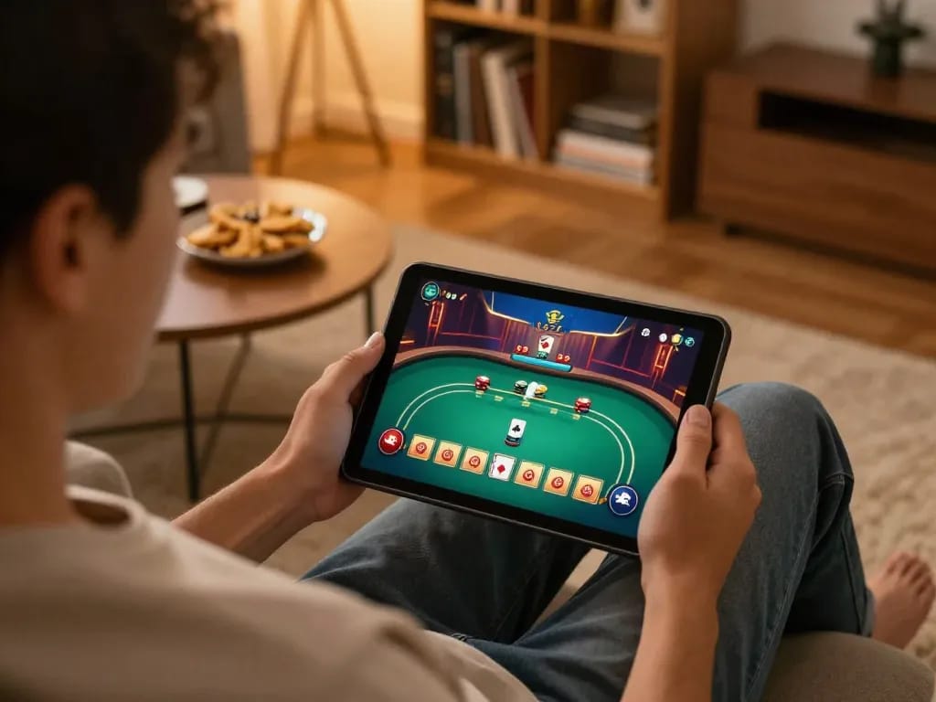 Person using KI Detektor deutsch in a cozy home to enhance their online poker strategy.