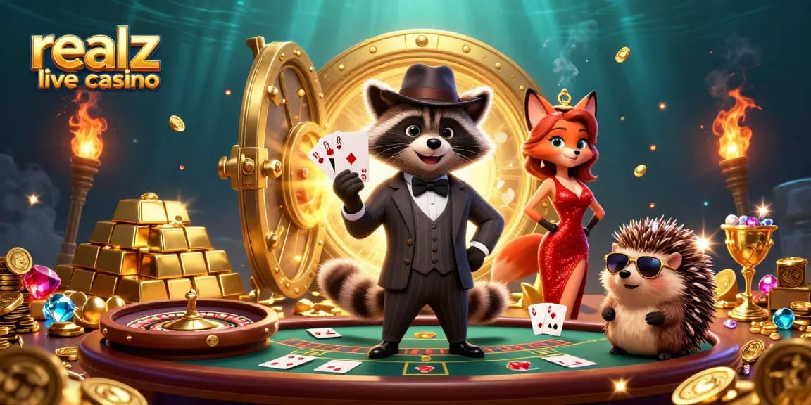 Erlebe das realz live casino mit echten Croupiers, Roulette und Baccarat in dieser dynamischen Illustration.