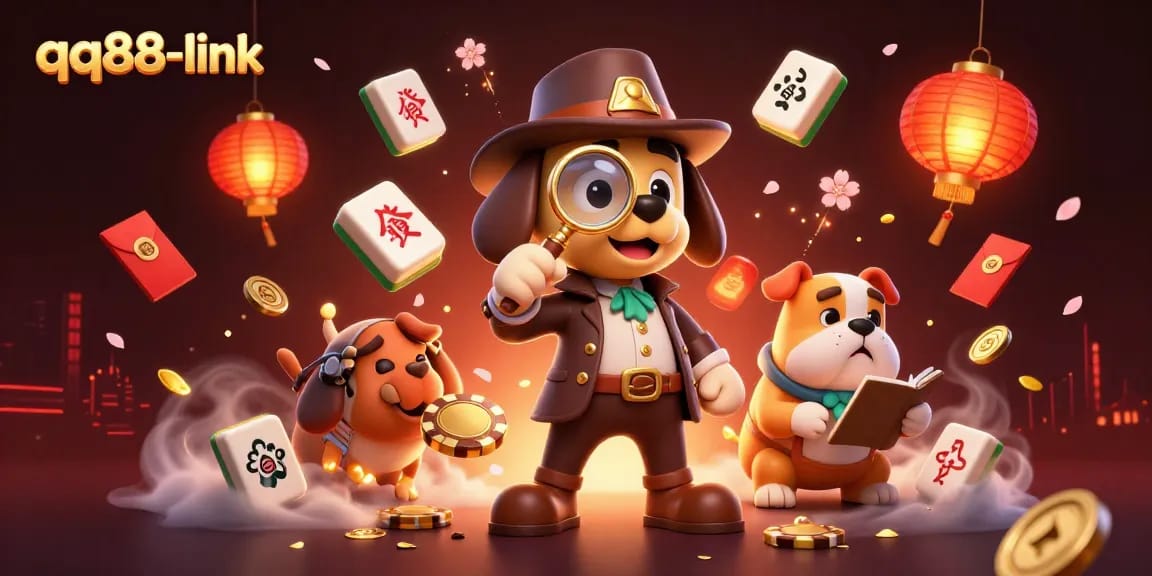 Engage with qq88-link through this vibrant 3D illustration of a detective uncovering casino treasures.