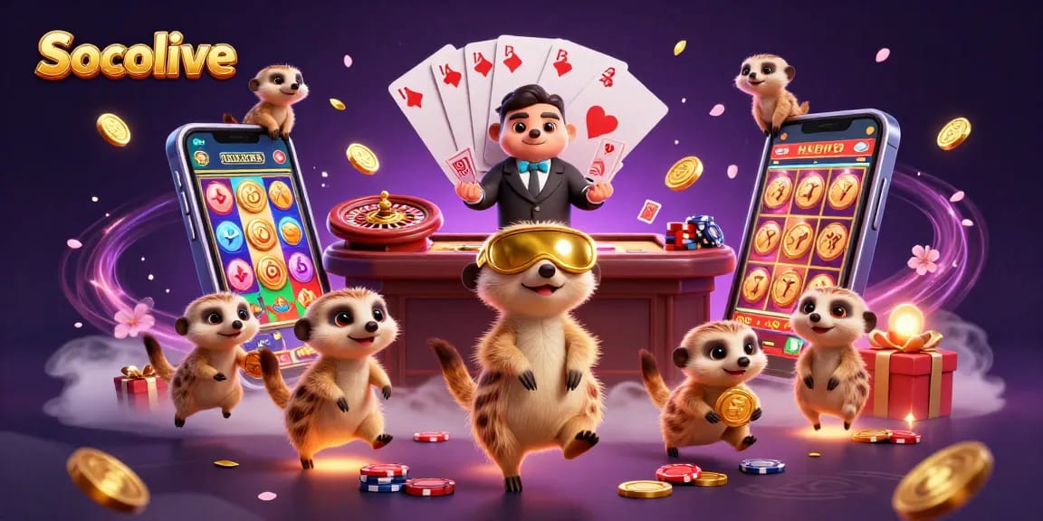 Socolive brings excitement with a lively casino scene featuring meerkats amidst vibrant gaming elements.