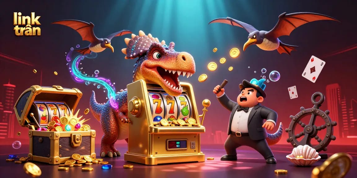 Experience jackpots with animated pachycephalosaurus and slot machines in this link trần-themed 3D scene.