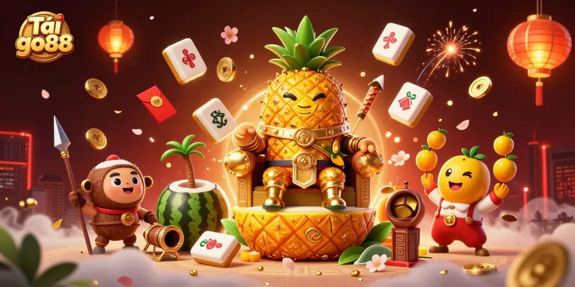 Tải go88 and enjoy the vibrant casino experience with the golden pineapple king and festive decorations.