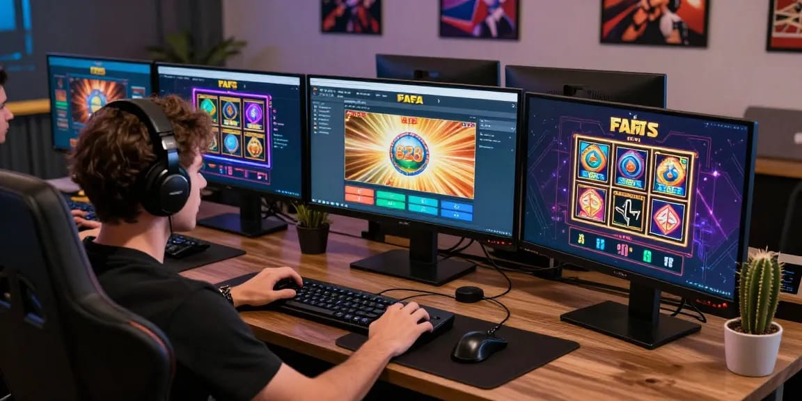 Player engaging with the FAFA 828 online gambling platform in a vibrant digital setup, enhancing gaming experience