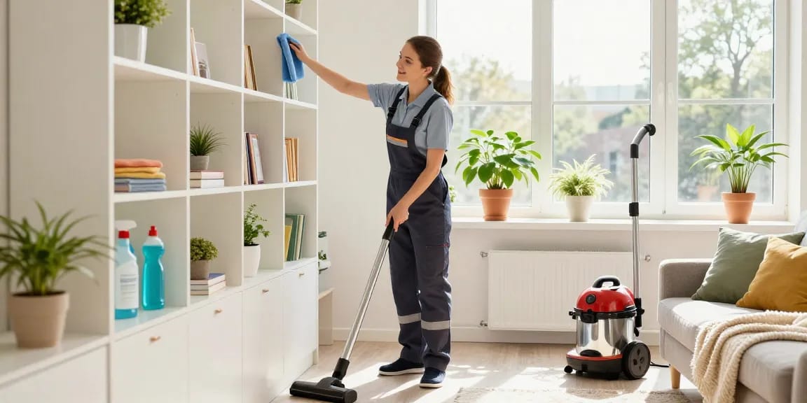 Expert cleaner performing wohnungsendreinigung bern in a bright living room with natural light.