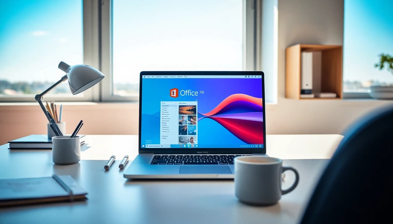 Microsoft Office 2024 für Mac OS kaufen - Modern workspace with MacBook and Office interface.