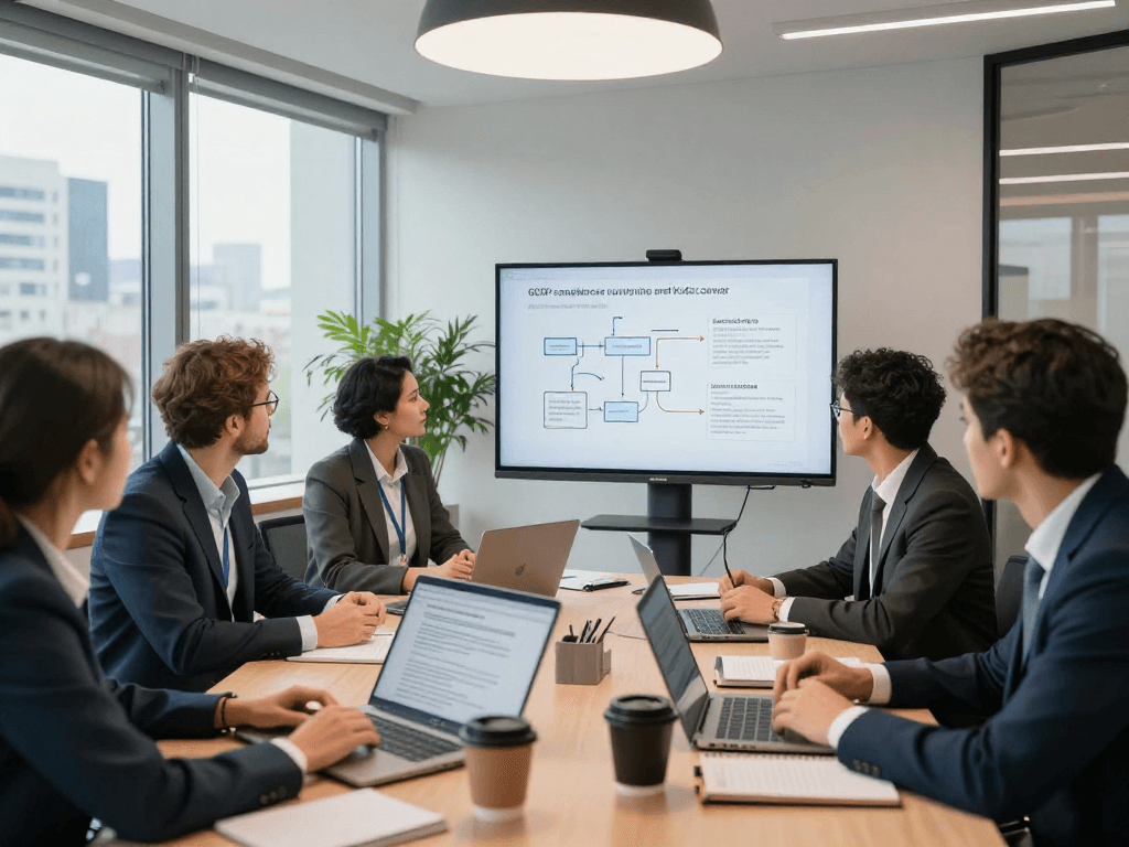 Professionelles Team in Beratungsbüro bespricht Datenschutz für Vermessungsbüros und ÖbVI