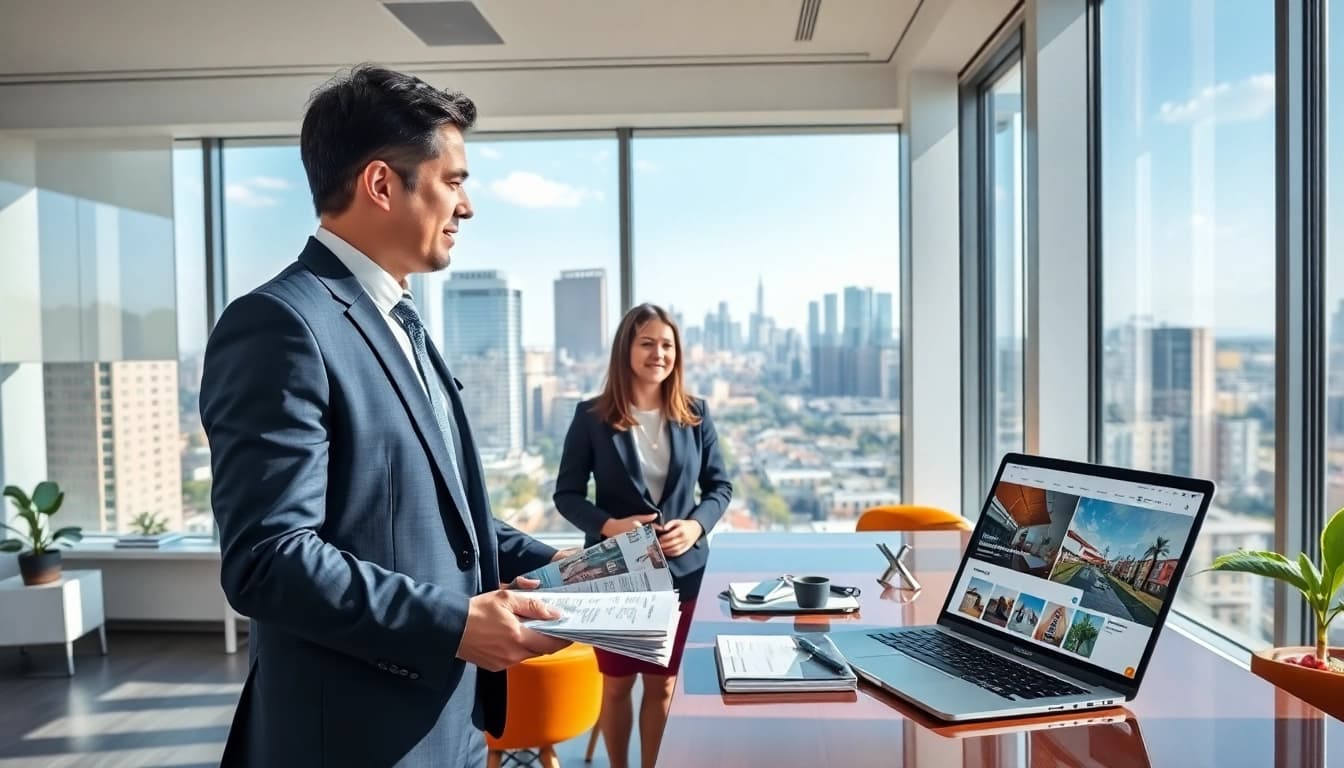 Immobilienmakler Frankfurt Dornbusch berät Kunden in einem modernen Büro mit Blick auf die Stadt.