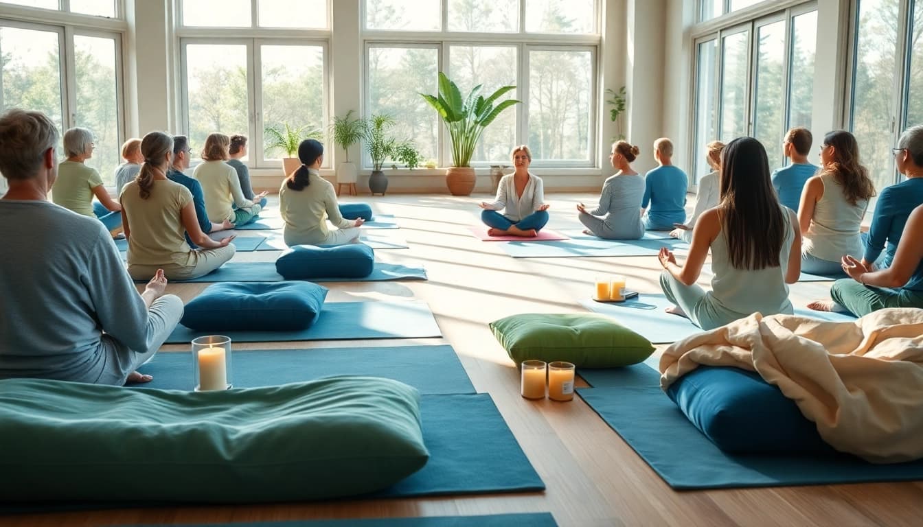 Teilnehmer bei Spirituelle Seminare in entspannter Atmosphäre mitMeditationselementen.