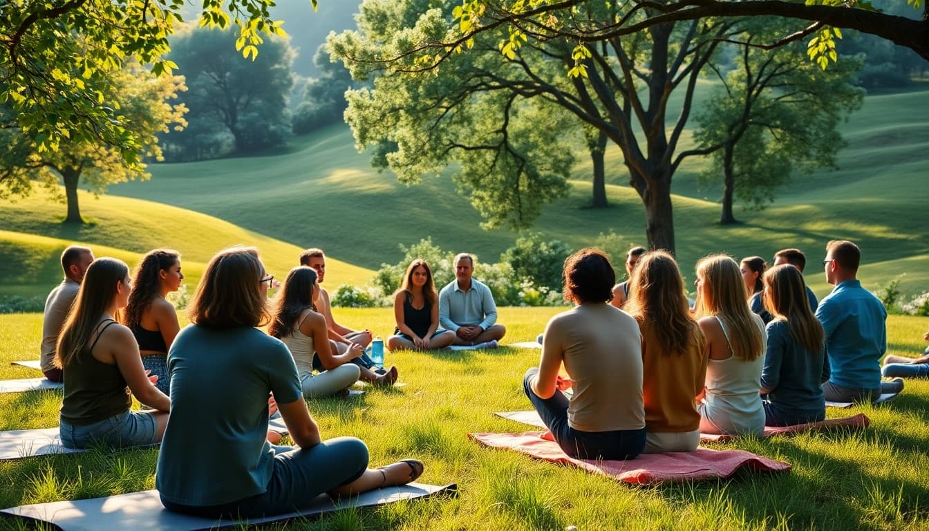 Spirituelle Seminare inspire diverse participants in a serene outdoor setting.