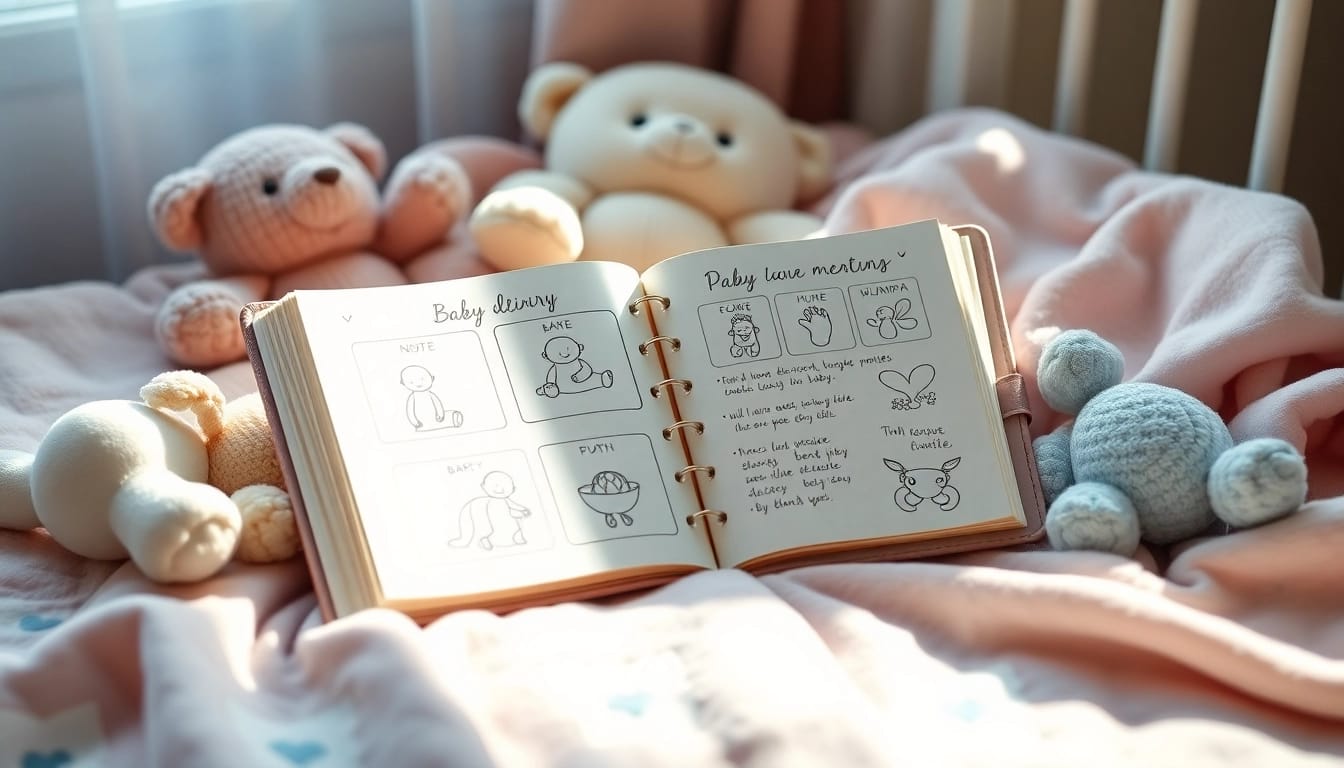 Baby-Tagebuch auf einer pastellfarbenen Decke mit liebevollen Zeichnungen und handgeschriebenen Notizen.