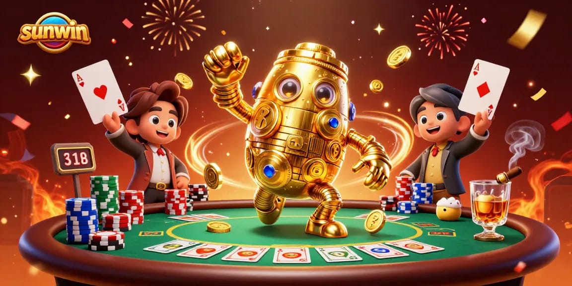 Engage in thrilling gameplay with sunwin's vibrant 3D casino scene featuring golden golems and poker elements.