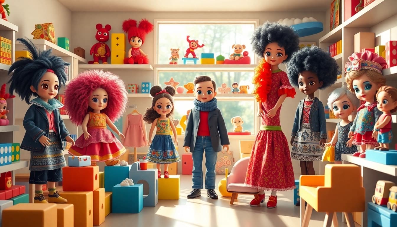 Gestalten von Gutdolls in einem lebhaften Spielzeuggeschäft mit bunten Farben.