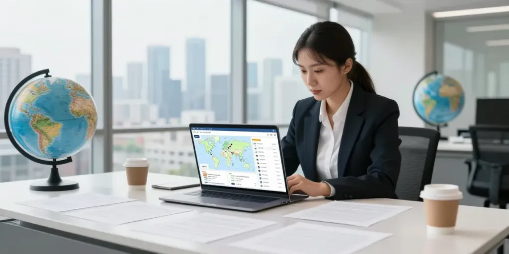 OCARGO Düsseldorf - Moderner Arbeitsplatz für internationale Transportplanung mit Datenvisualisierungen und Stadtansicht.