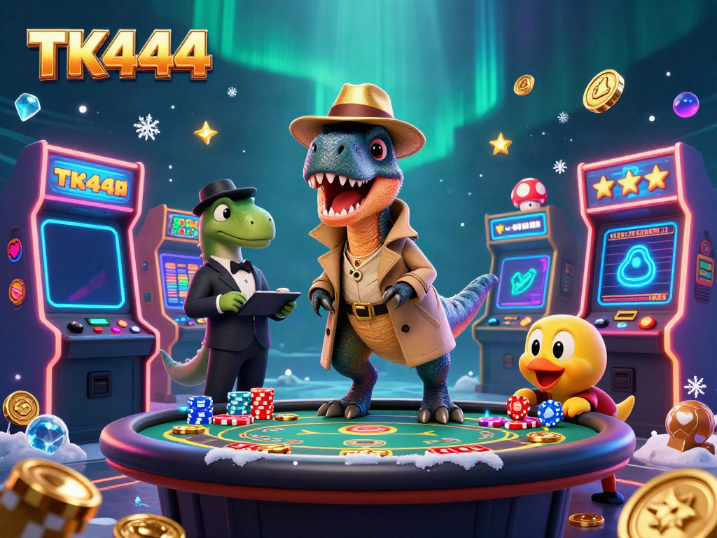 TK444 showcases a lively casino scene with a velociraptor card counter, stegosaurus pit boss, and playful compy stealing chips.