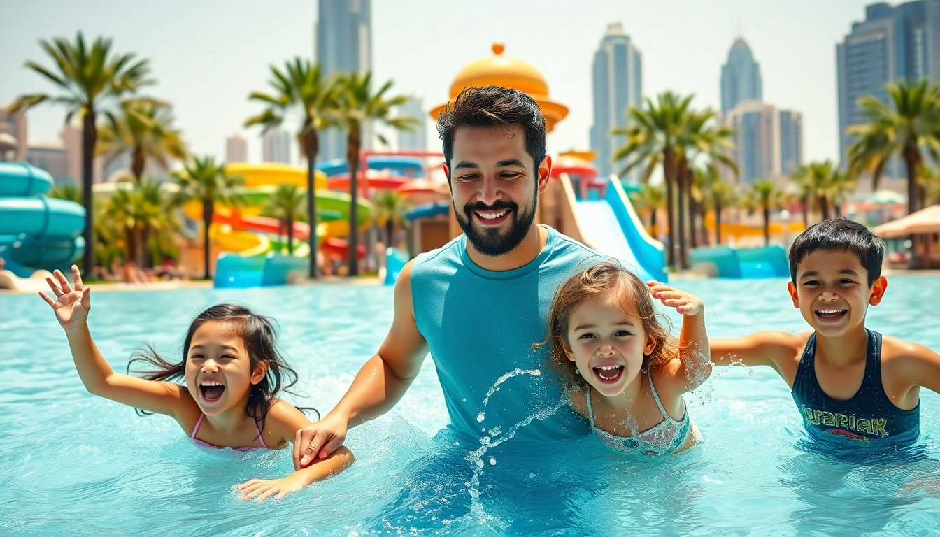 Aktivitäten in Dubai mit Kindern, Spaß im Wasserpark und die städtische Kulisse.
