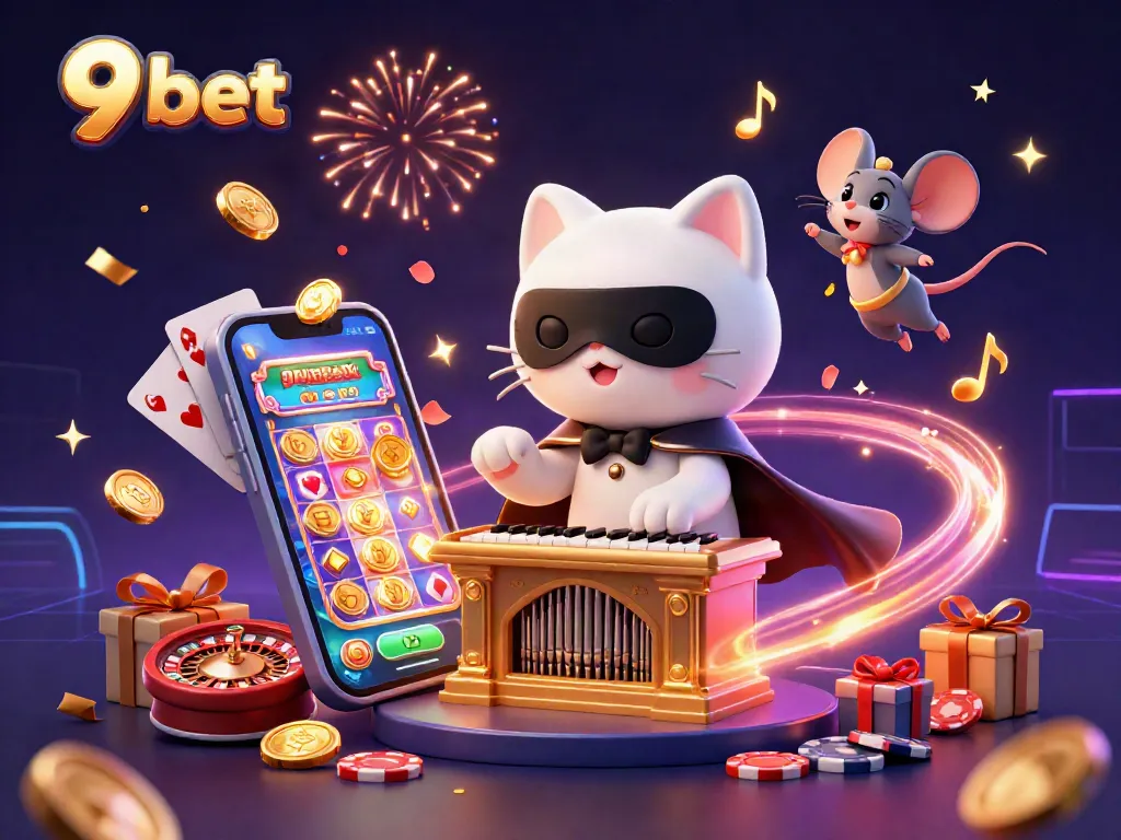 Engage with the vibrant 9 bet casino scene showcasing spinning slot games and dynamic characters.