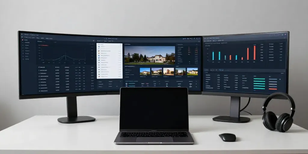 Immobilienmakler Mannheim - moderner Arbeitsplatz mit Immobilienbewertung Software, datengestützte Analysen und moderne Technik.