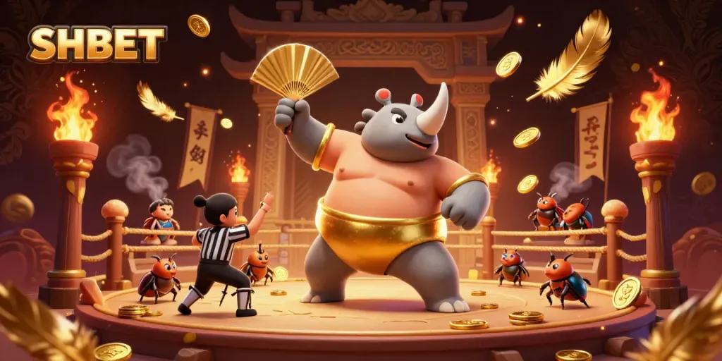 Experience thrilling bets and big wins at SHBET, with a vibrant sumo beetle champion illustration.