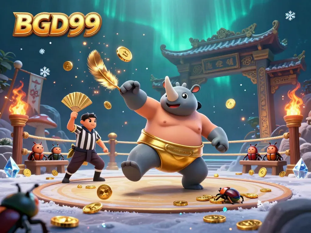 Experience thrilling gameplay at BGD99 with a dynamic scene of a rhinoceros beetle champion among gold coins and festive decorations.