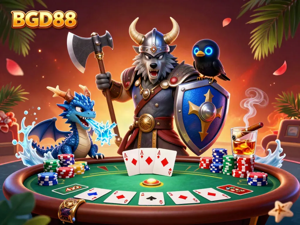 BGD88 Viking wolf warrior and dragon engaging in an exciting poker scene with chips and cards.