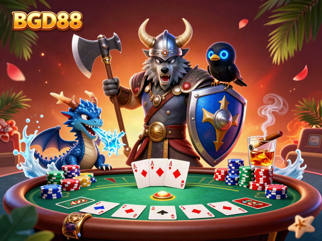 BGD88 Viking wolf warrior and dragon engaging in an exciting poker scene with chips and cards.