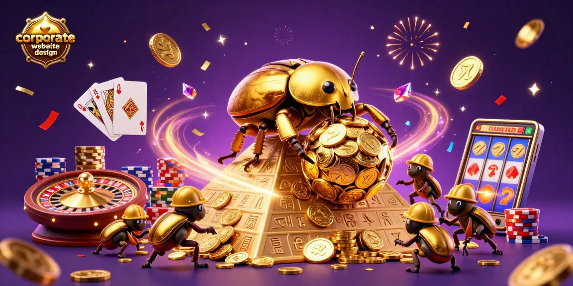 Experience stellar corporate website design with vibrant casino themes, featuring golden beetles in a dynamic scene.