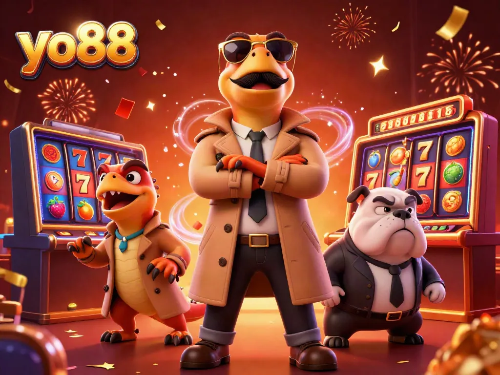 Engage in thrilling yo88 slot games with raptors in a trench coat at a VIP lounge.