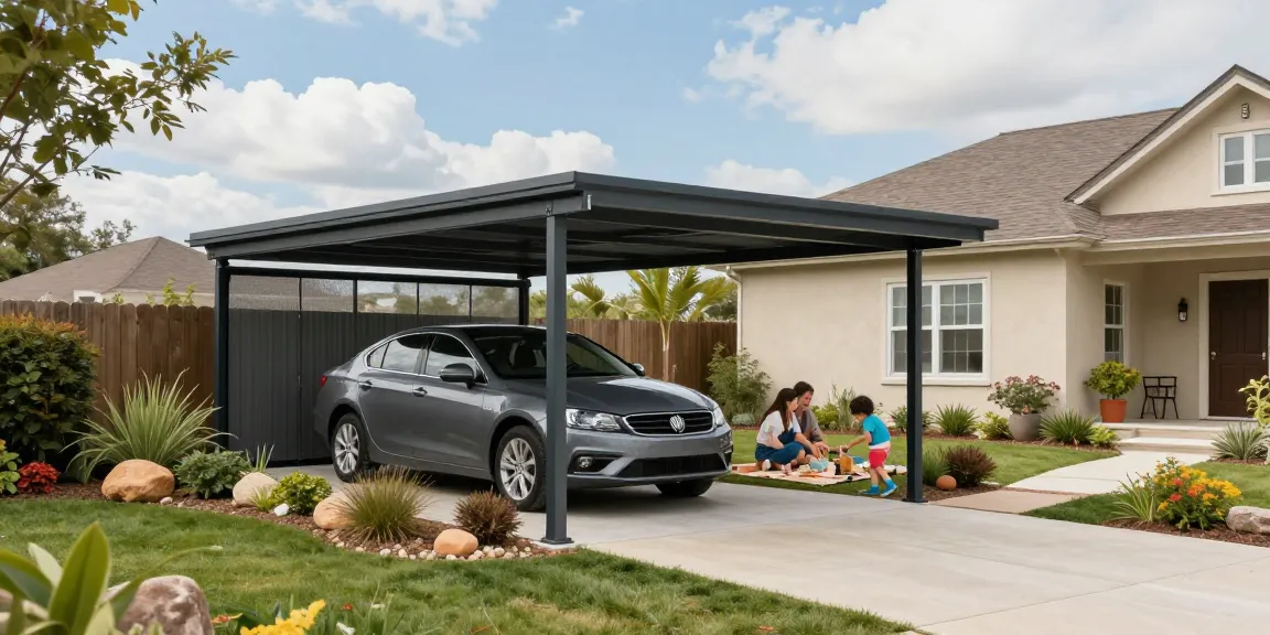 Moderne Carport-Installation in einem einladenden Außenbereich mit Familie, die ein Picknick genießt.