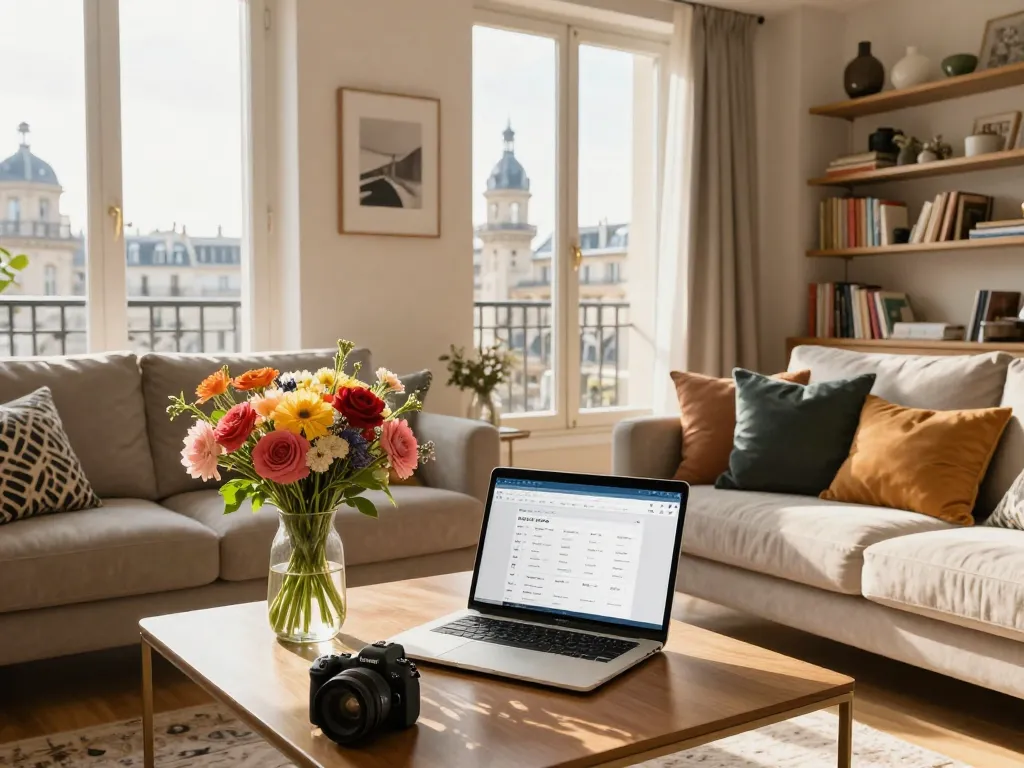 Airbnb management in Paris showcased in elegant apartment with inviting living space and management dashboard on display.