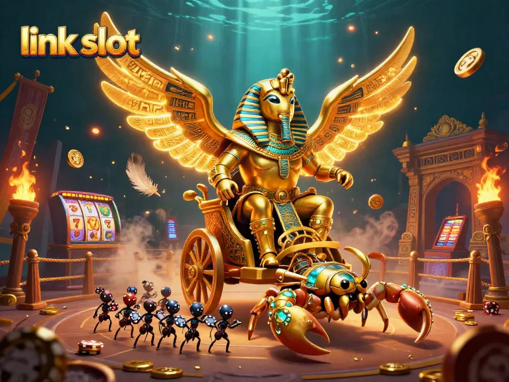 Experience thrilling link slot action with radiant golden scarab and jewel-encrusted scorpions in a vibrant casino.