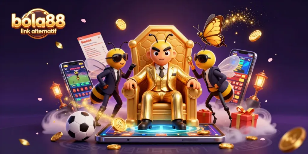 Bets with bola88 link alternatif alongside cartoon characters in a vivid casino scene filled with thrilling sports betting elements.