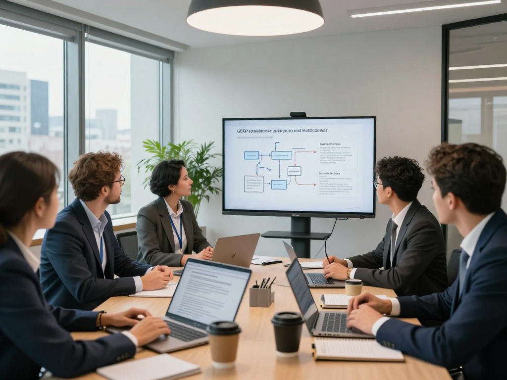 Professionelles Team in Beratungsbüro bespricht Datenschutz für Vermessungsbüros und ÖbVI