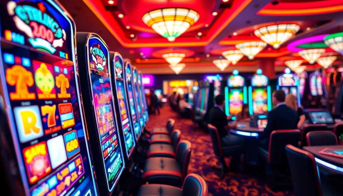 Spannende Spielszene beim casinospielen mit bunten Spielautomaten im Vordergrund.
