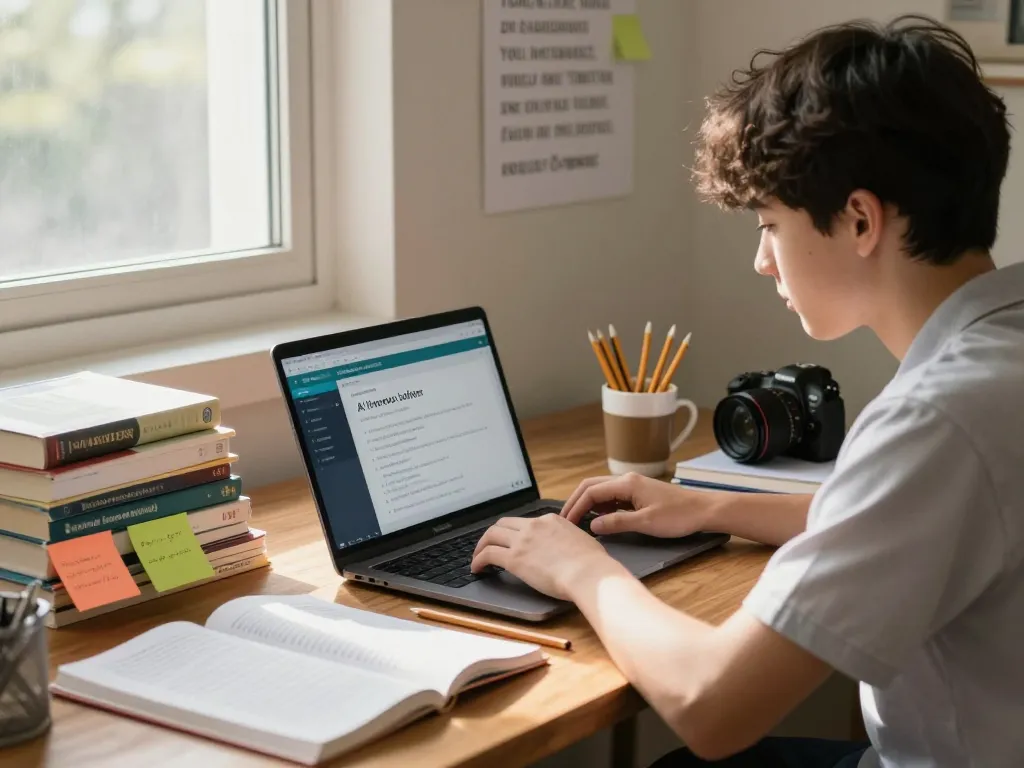 Student, der einen Hausaufgaben Löser KI-Hausaufgabenassistenten in einer gemütlichen Lernumgebung nutzt, konzentriert und motiviert.
