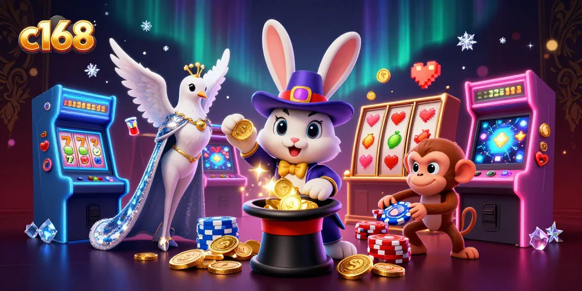 Experience excitement with c168's 3D cartoon characters in a vibrant casino-themed illustration.