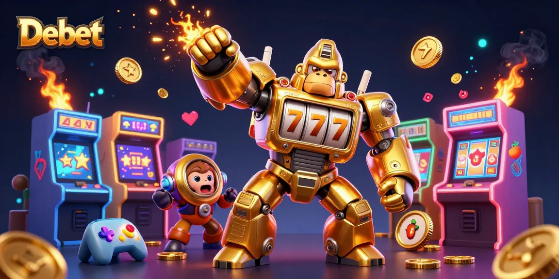 Debet features a golden gorilla mech with slot machine parts amidst vibrant gaming elements in a casino-themed illustration.