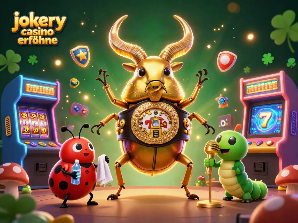 Experience the excitement of Jokery Casino Erfahrungen with the vibrant 3D scene showcasing a colossal stag beetle, casino elements, and dynamic gameplay.