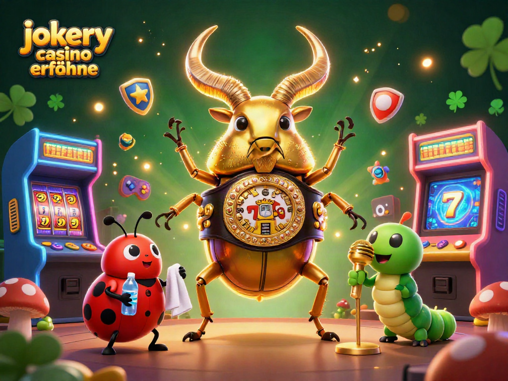 Experience the excitement of Jokery Casino Erfahrungen with the vibrant 3D scene showcasing a colossal stag beetle, casino elements, and dynamic gameplay.