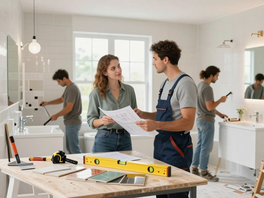 Badsanierung vom Experten in einem modernen Badezimmer mit Auftragnehmern und Hauseigentümern, die Renovierungspläne besprechen und neue Armaturen und Fliesen präsentieren.