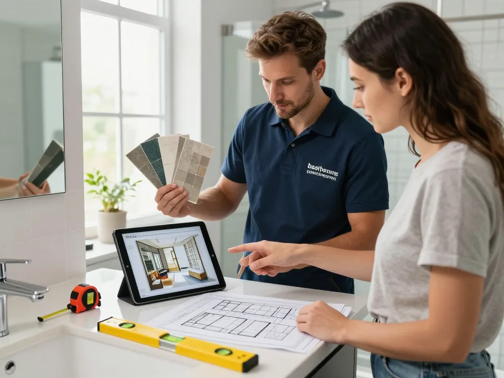 Badsanierung vom Experten: Professioneller Auftragnehmer diskutiert moderne Renovierungspläne für Badezimmer mit Hausbesitzer und zeigt stilvolle Designs und Materialien.