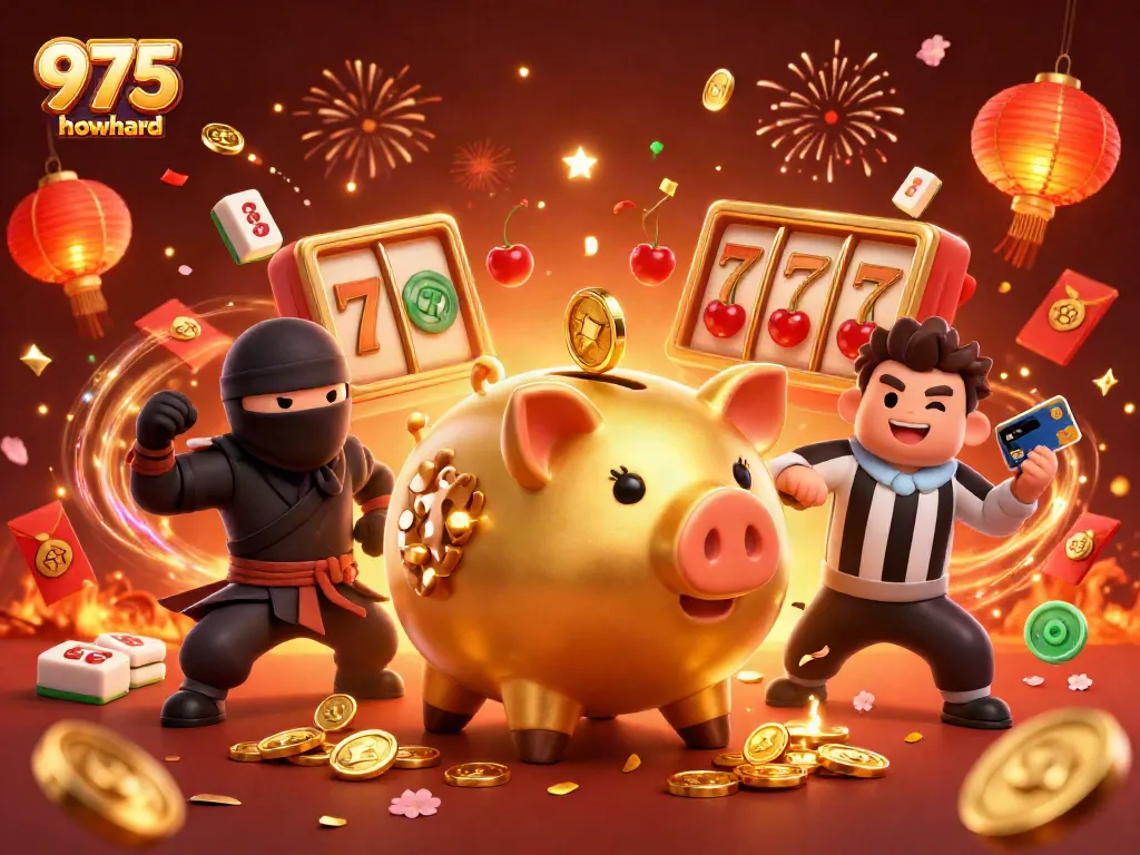Engage with the vibrant casino scene of 975howard showcasing a sumo wrestler piggy bank and friends amidst playful slot reels.