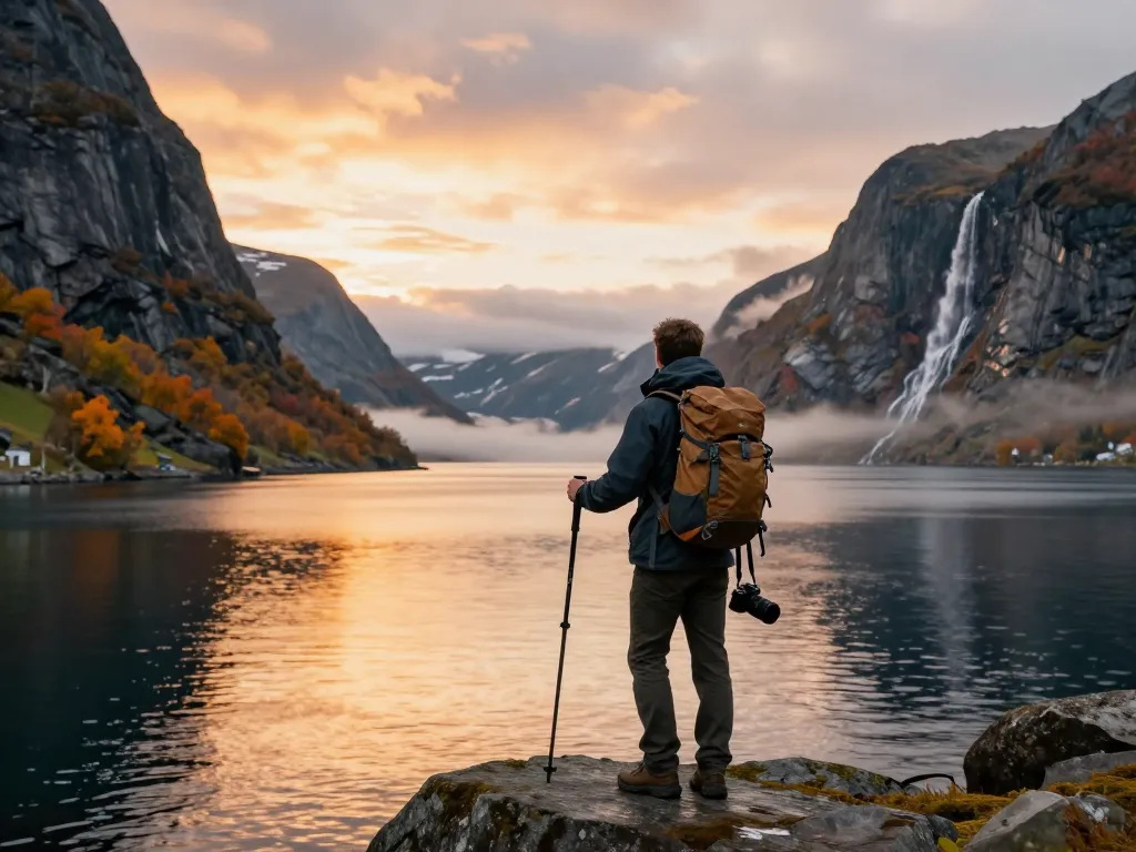Beeindruckender Blick auf einen Reisenden, der Urlaub in Skandinavien an einem norwegischen Fjord während des Sonnenuntergangs genießt.