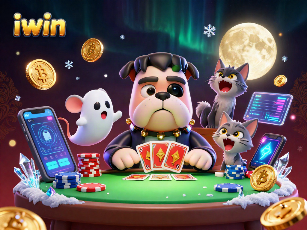 iwin's cartoon characters deal cards at a spooky table, illuminated by neon cryptocurrency elements.